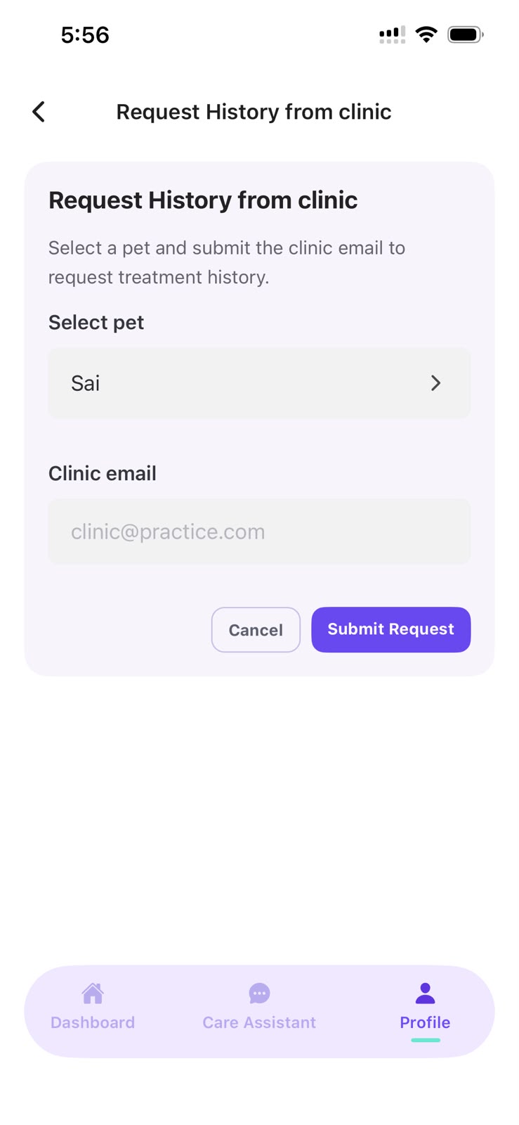 Enter your clinic’s email and submit the request