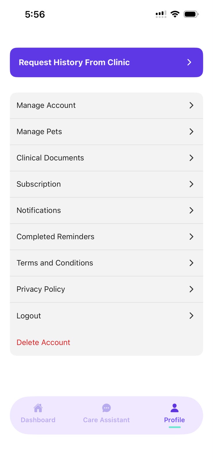 Request your pet’s history from the Profile screen