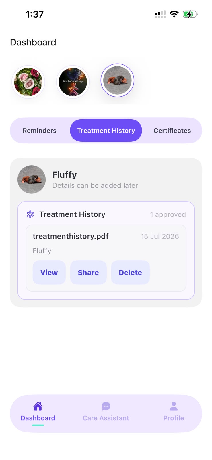 Find Treatment History on your Dashboard, alongside Reminders and Certificates