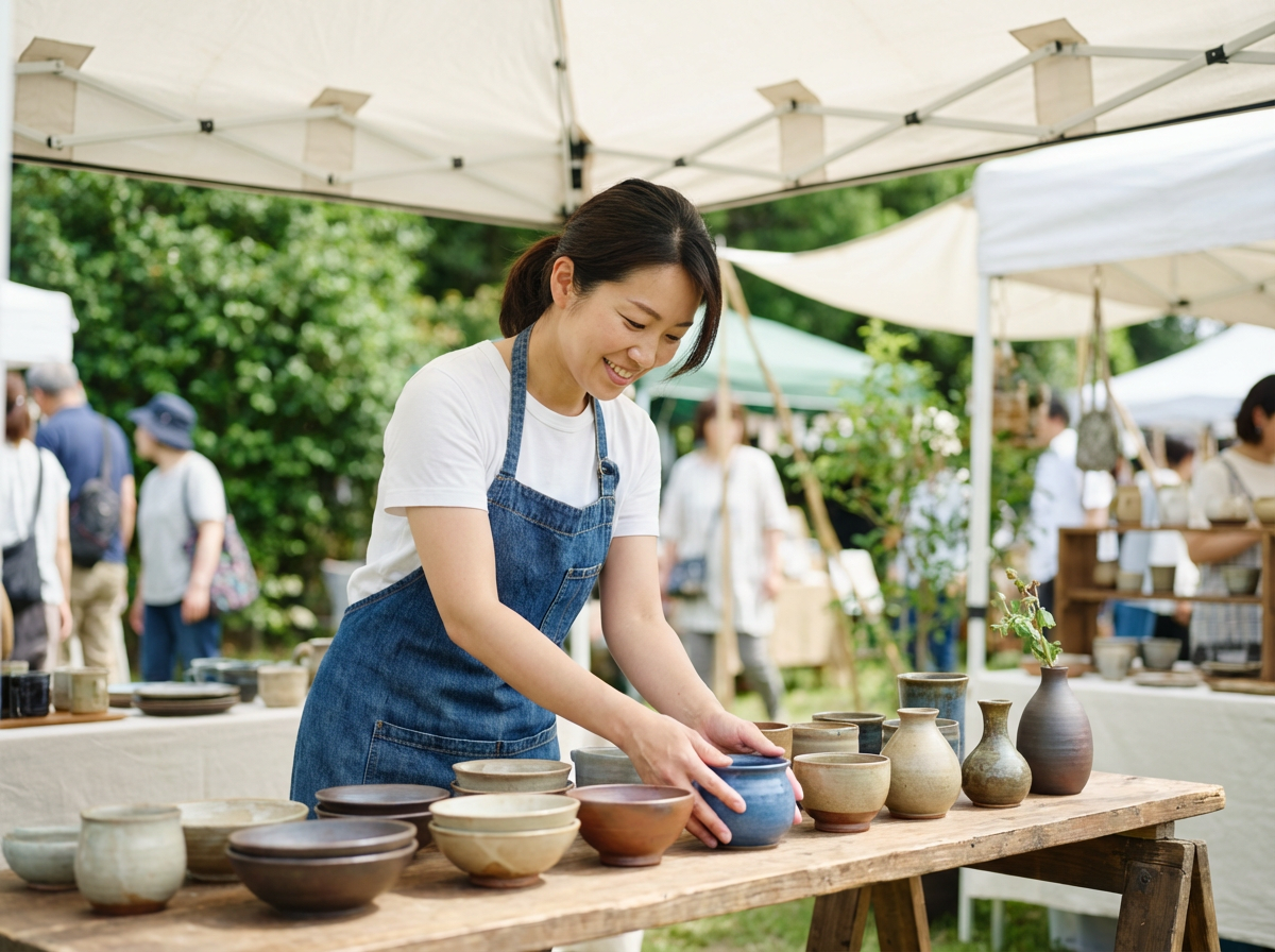 A ceramic artist arranging handmade pottery at an outdoor artisan market