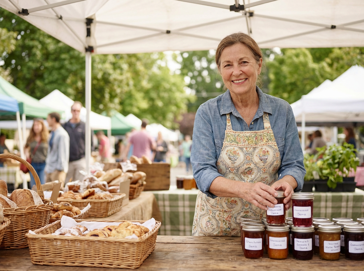 An AMS artisan vendor smiling at her farmers-market booth with handmade jams and baked goods