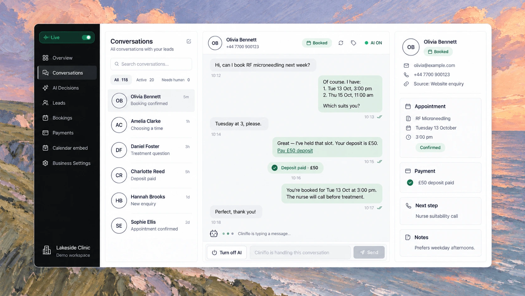 Cliniflo conversation: AI offers times, holds the slot, takes a £50 deposit and confirms the booking