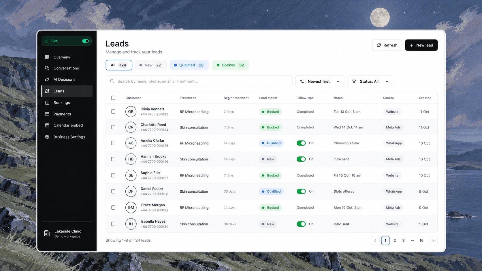 Cliniflo leads table with status, follow-ups, notes and source for every enquiry