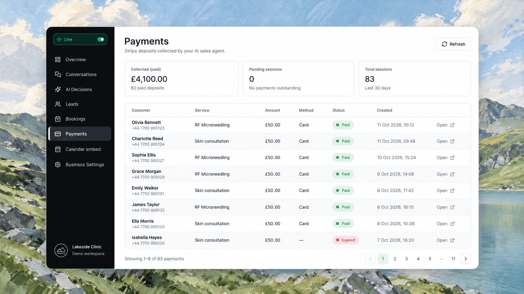 Cliniflo payments screen showing Stripe deposits collected by the AI agent