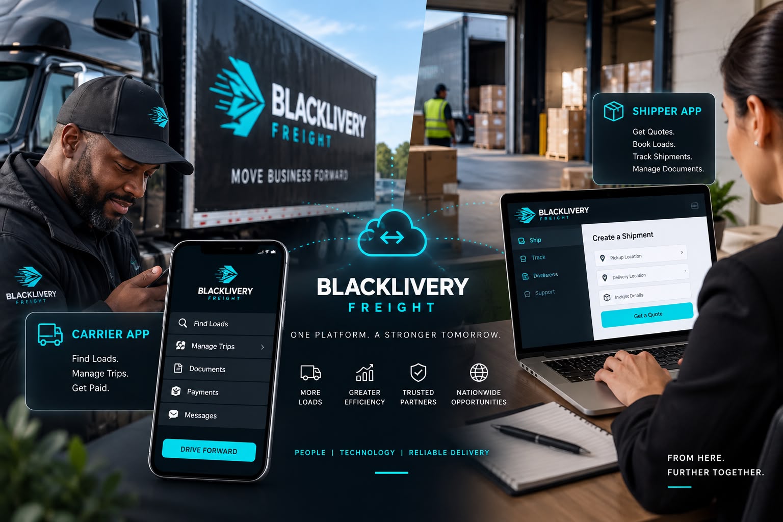 Blacklivery box truck at a loading area