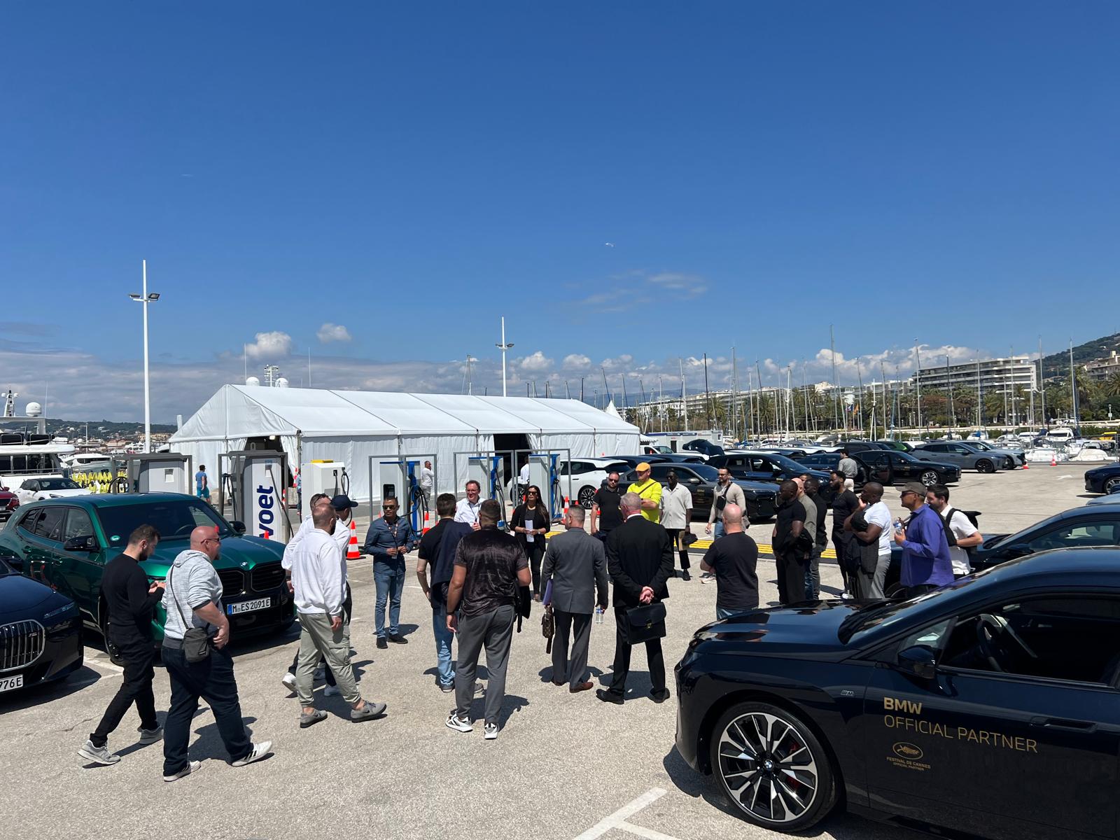 The BMW fleet lined up on the port of Cannes during the 2026 Festival