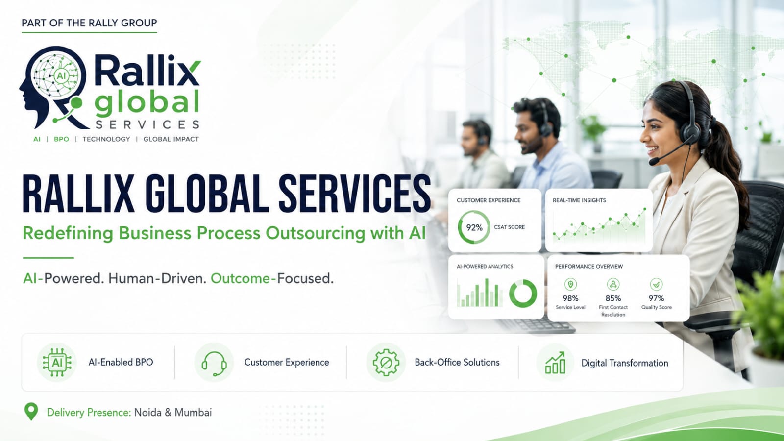 Rallix Global Services — modern Indian customer experience centre with AI performance dashboards