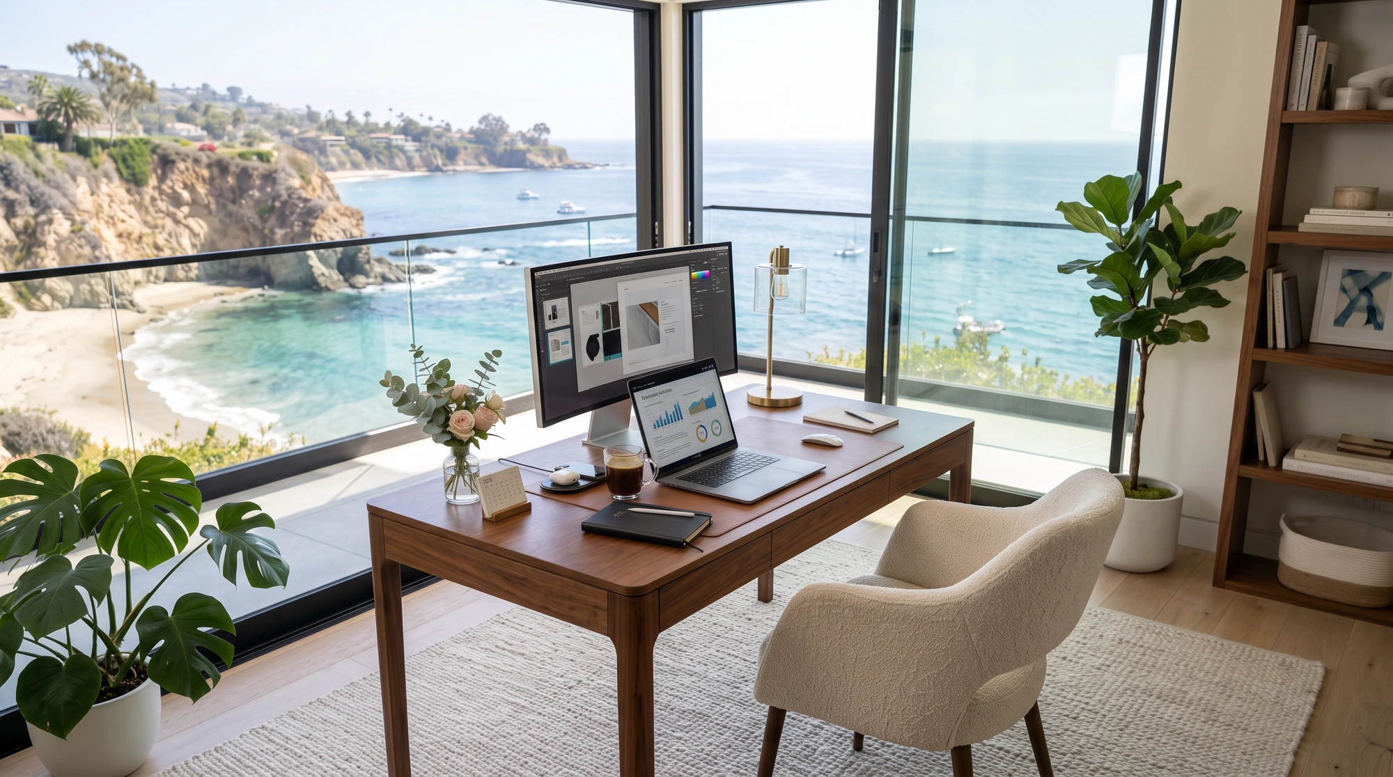 A fancy desk overlooking the water