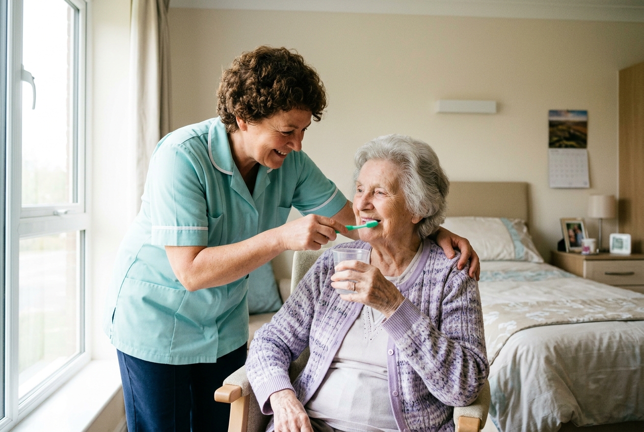 Care worker helping an elderly resident with oral care in a care home