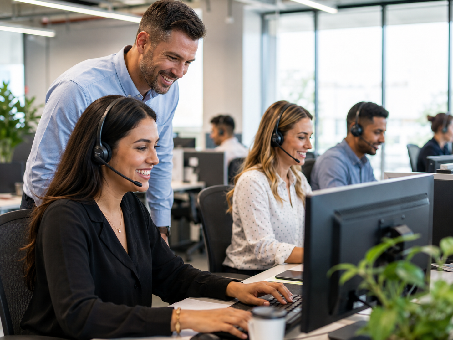Team leader coaching customer service representatives