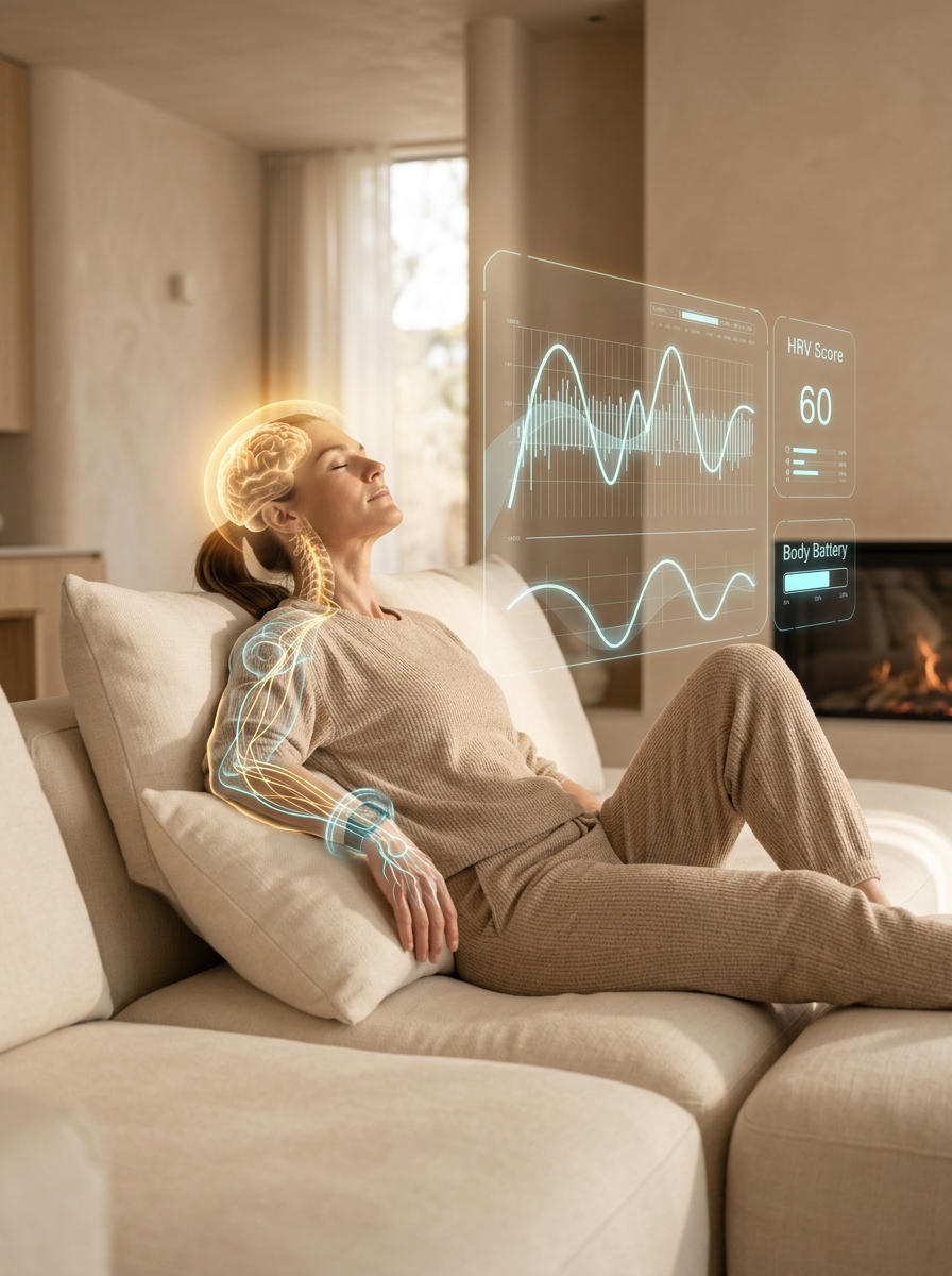 Client at rest with HRV and recovery metrics displayed