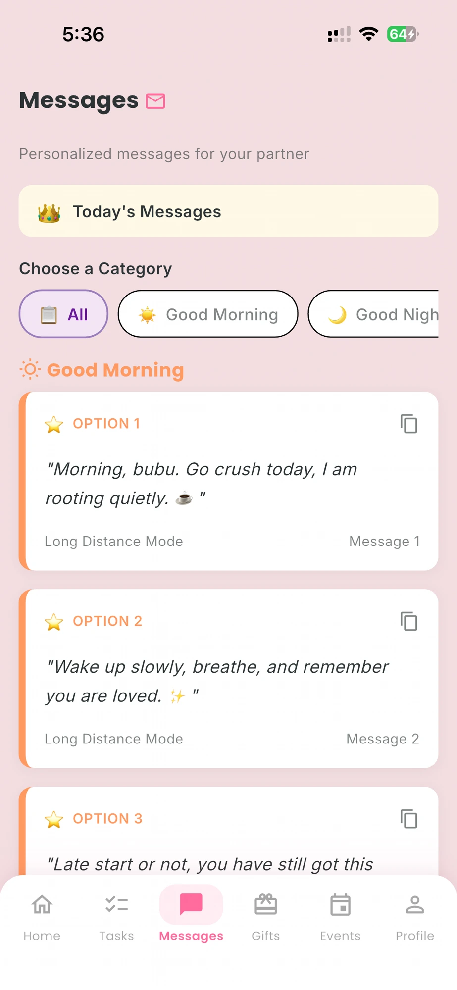Pookie4U messages screen with pre-written messages for your partner