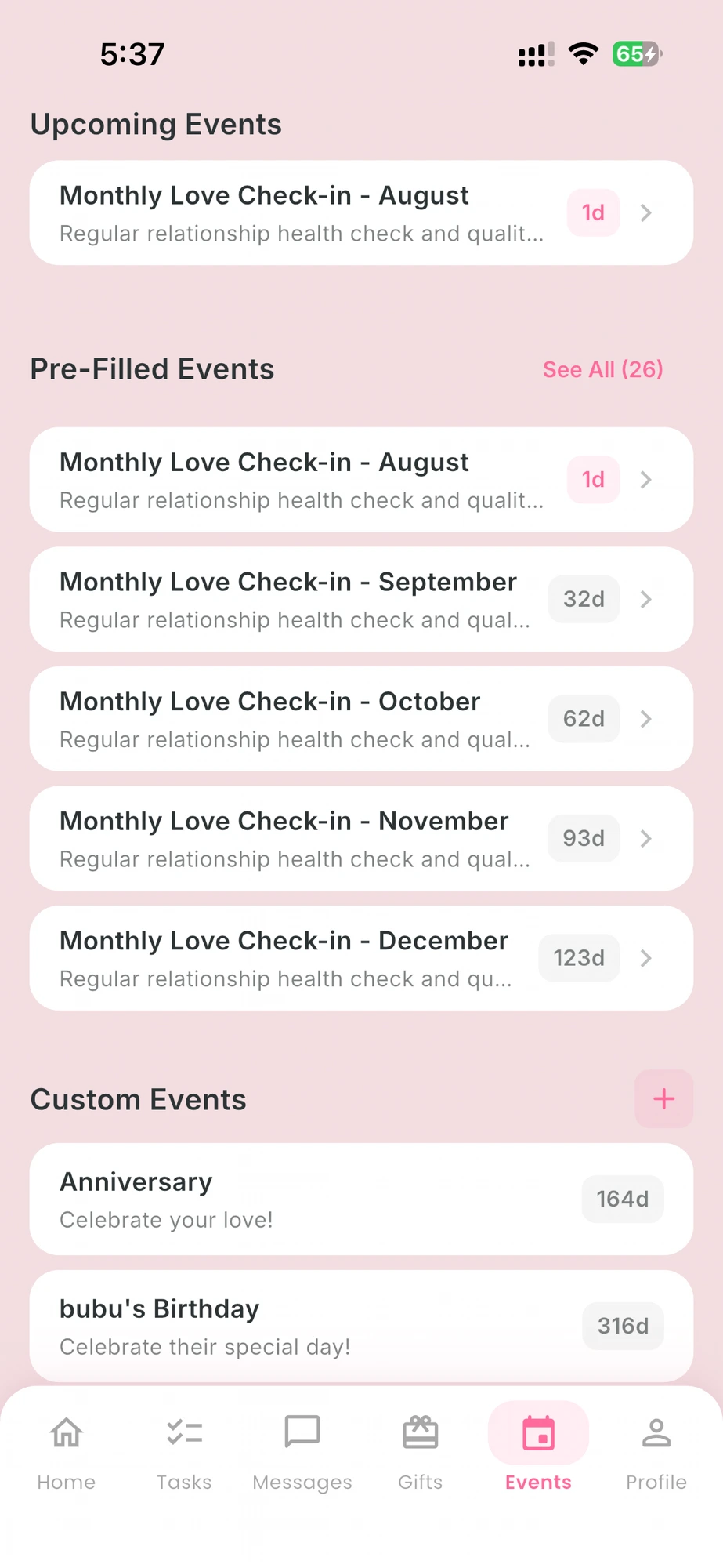 Pookie4U events screen with upcoming important date reminders