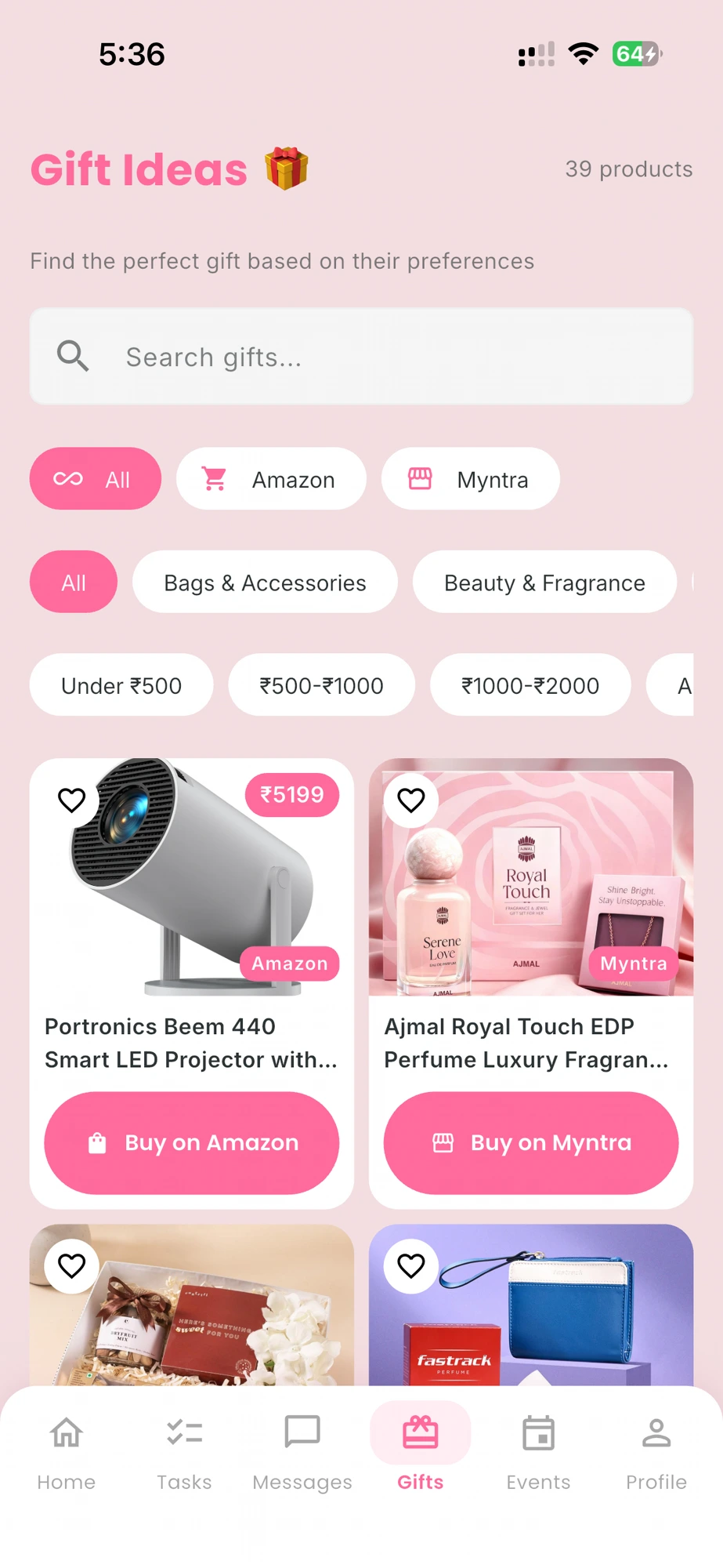 Pookie4U gift ideas screen showing trending gift suggestions