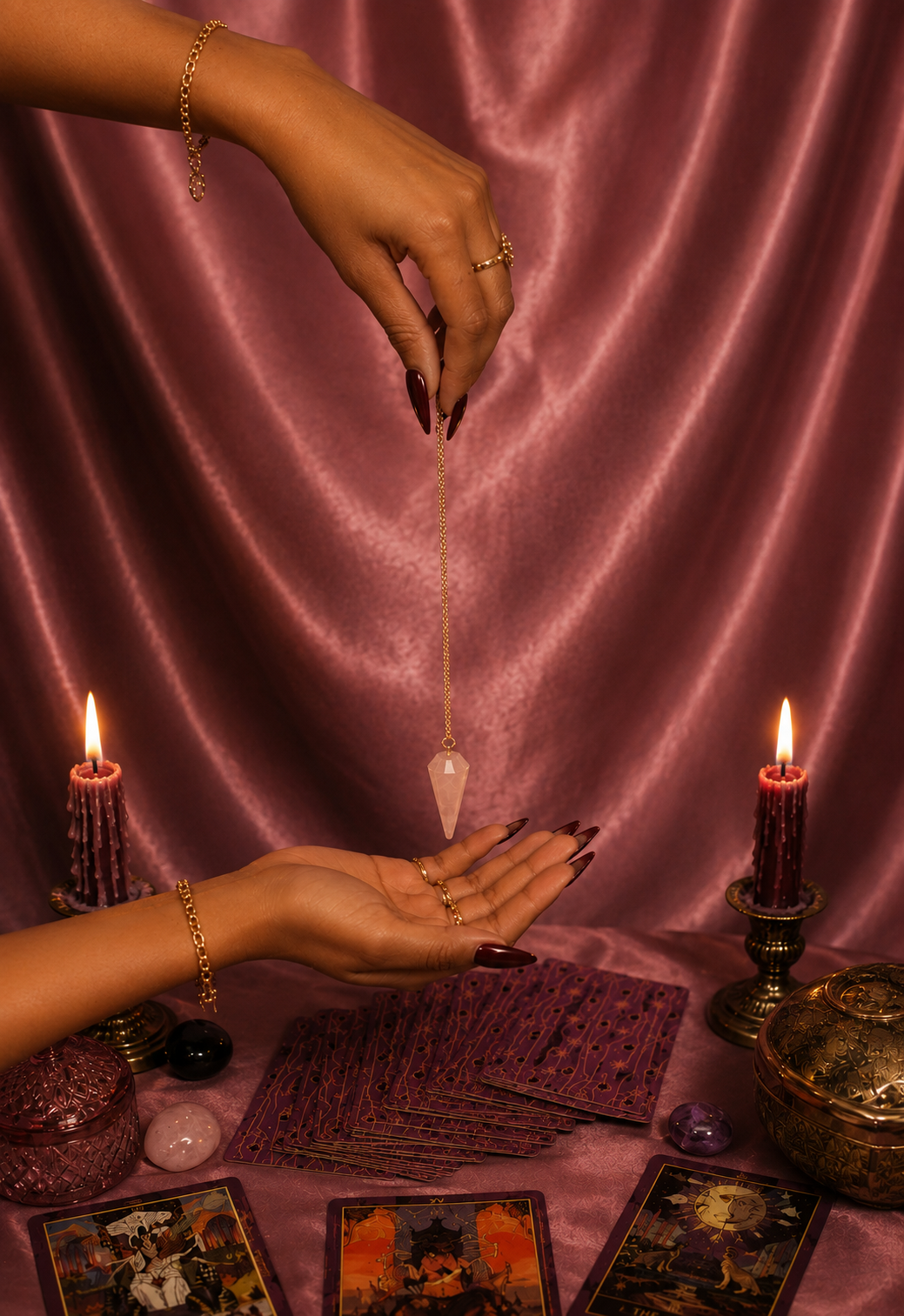 Fairy Yasha performing a pendulum & tarot reading by candlelight