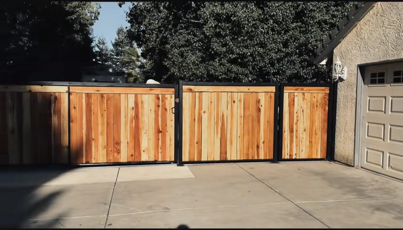 Steel-frame cedar driveway gates