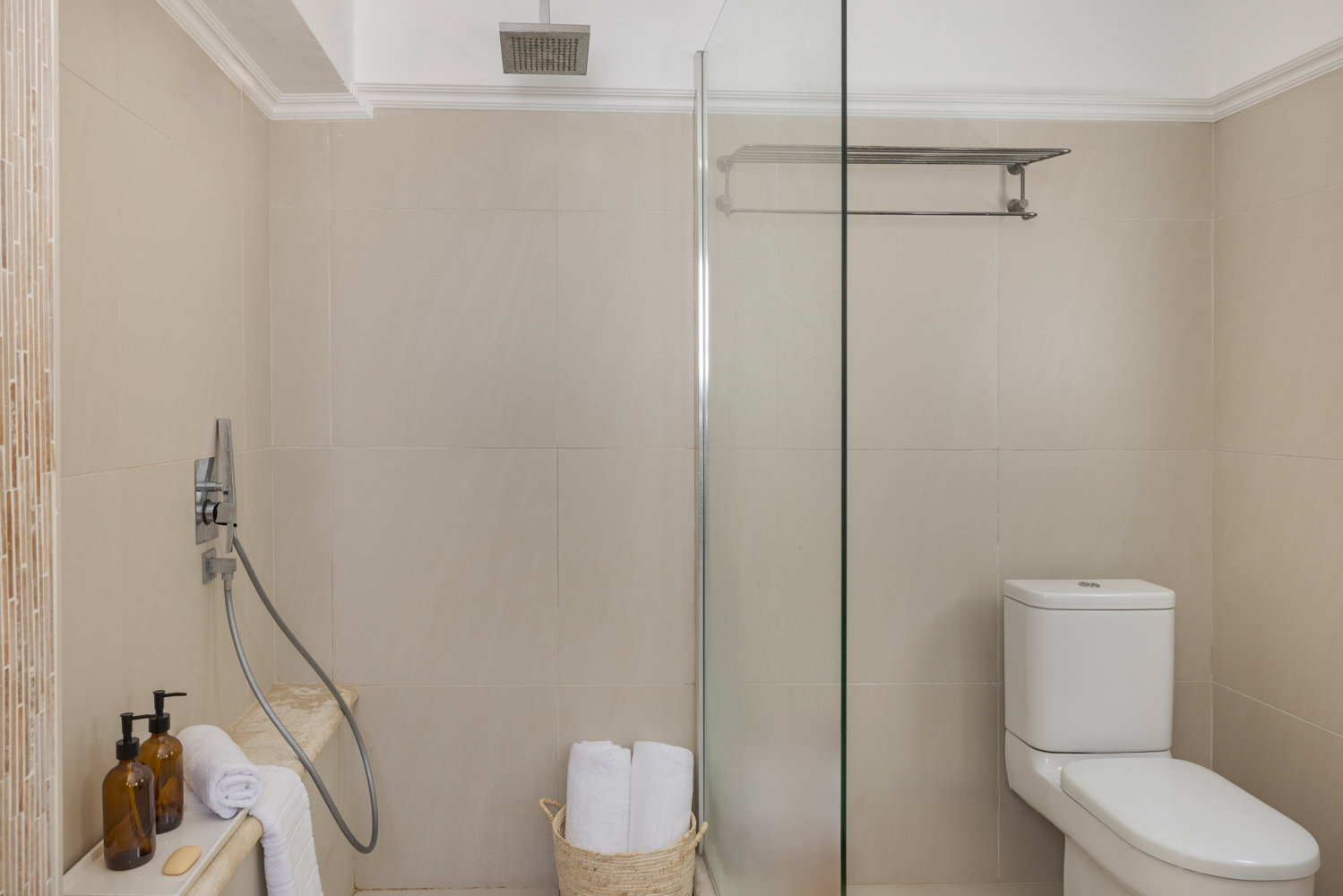 Guest bathroom — rain shower behind glass, vertical mosaic accent