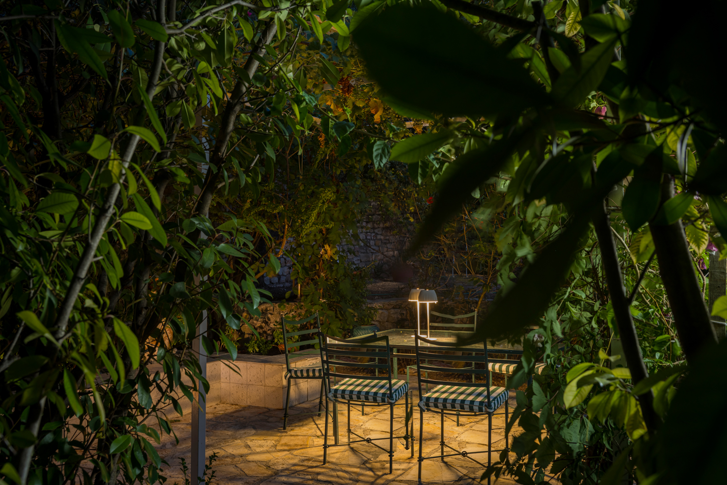Garden dining glimpsed through the leaves at dusk