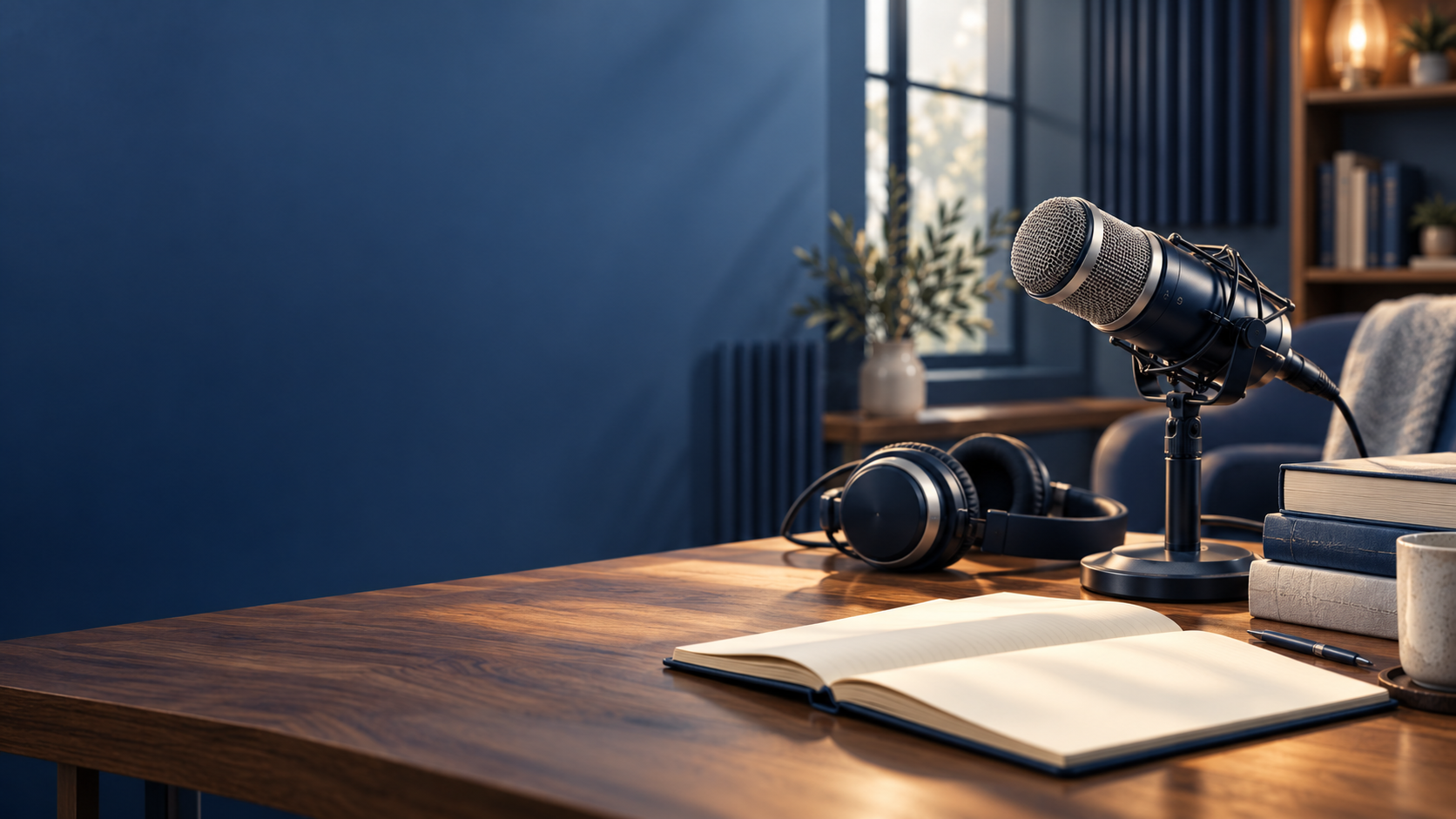 Microphone, headphones, and books in a warmly lit blue recording studio.