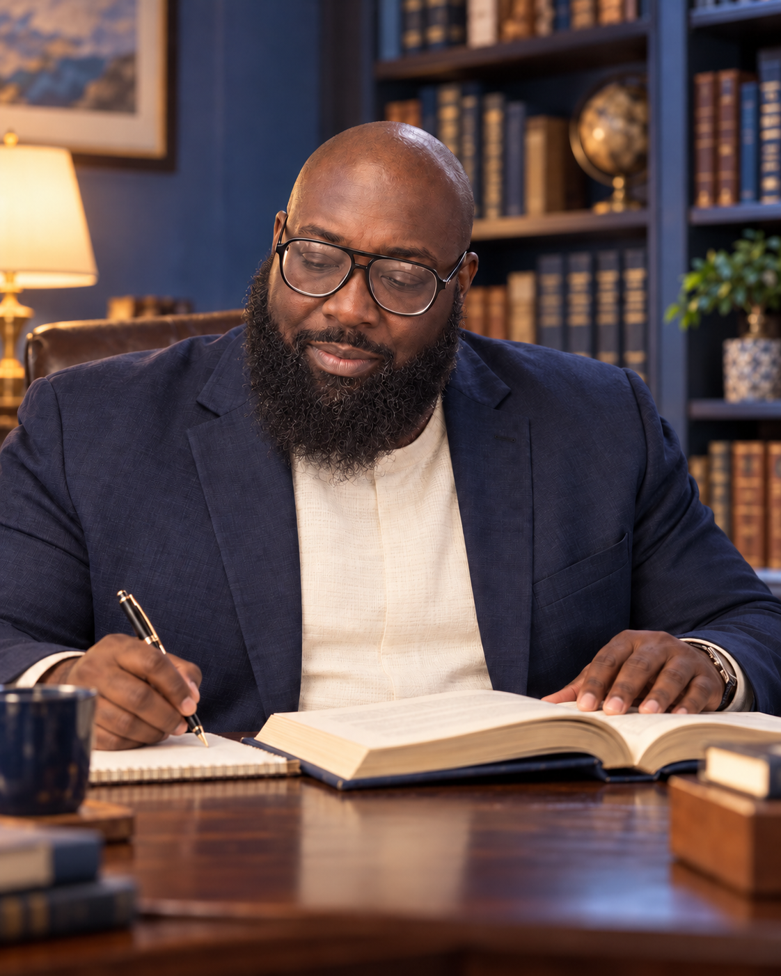 AI-generated portrait of Iyare Omoruyi studying an open book at a desk.