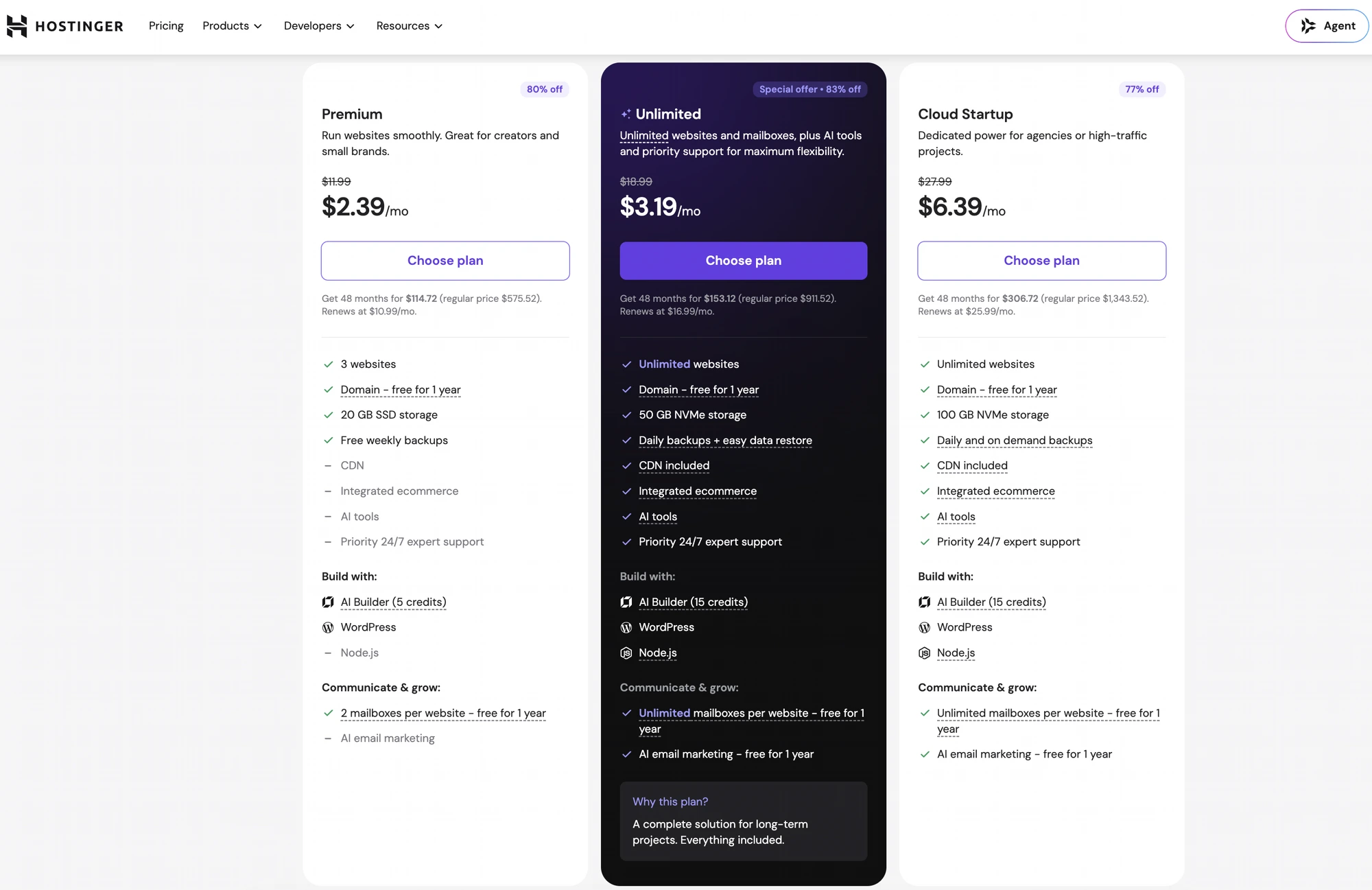 Step 1 — choosing a Hostinger hosting plan (Premium, Unlimited, Cloud) with discount