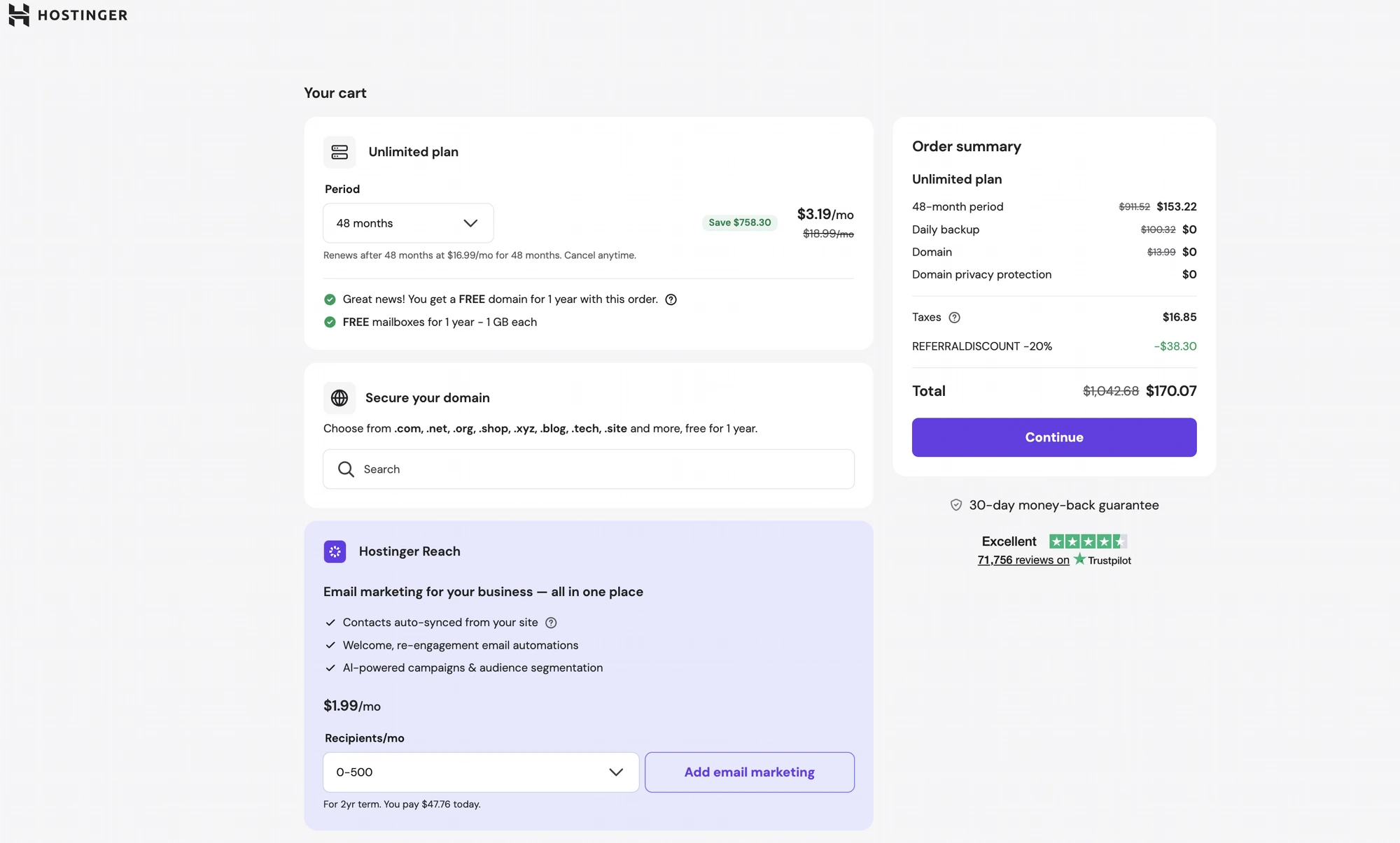 Step 2 — Hostinger cart with REFERRALDISCOUNT -20% applied automatically from code warcks