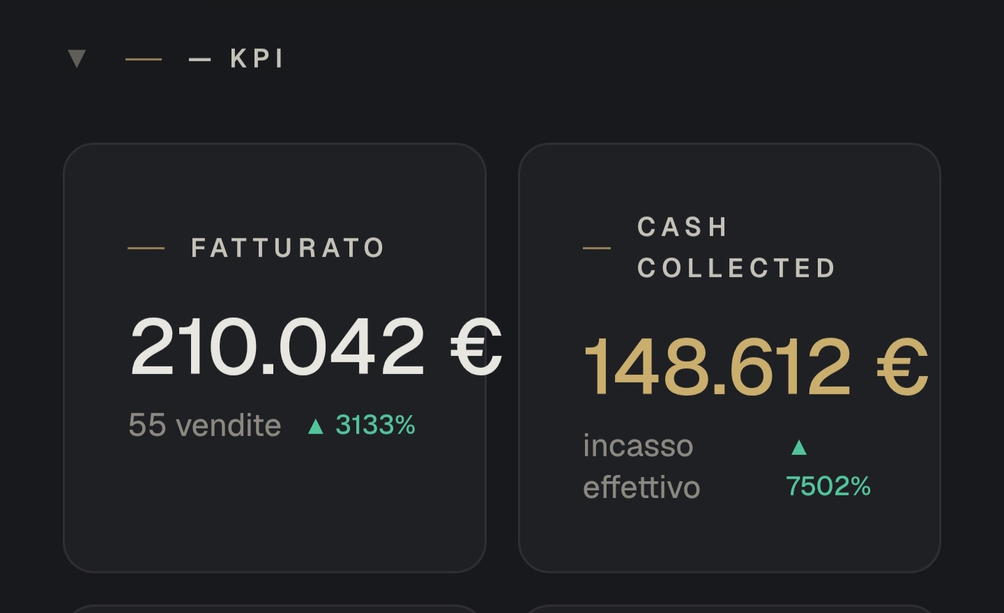 KPI · Fatturato 210.042€ · 55 vendite
