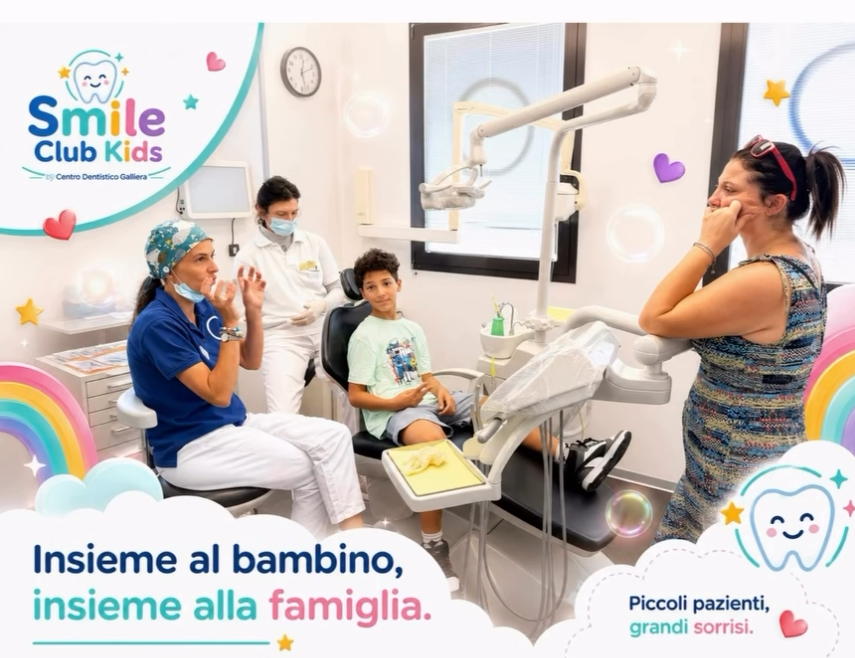 Team Smile Club Kids con bambino e genitore in poltrona