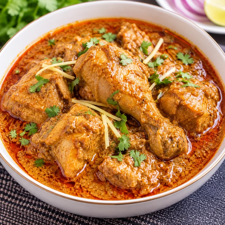 Dum ka chicken in a rich gravy garnished with fresh coriander and ginger