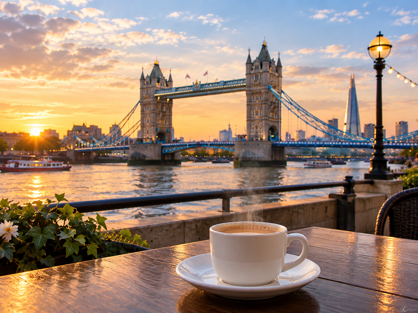 A steaming cup of Irani chai on a wooden table by the Thames at sunset