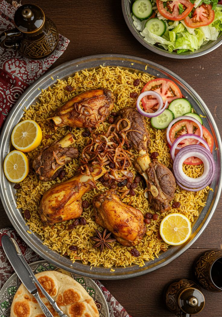 Arabian kabsa platter with chicken, lamb and spiced rice, served with salad and bread