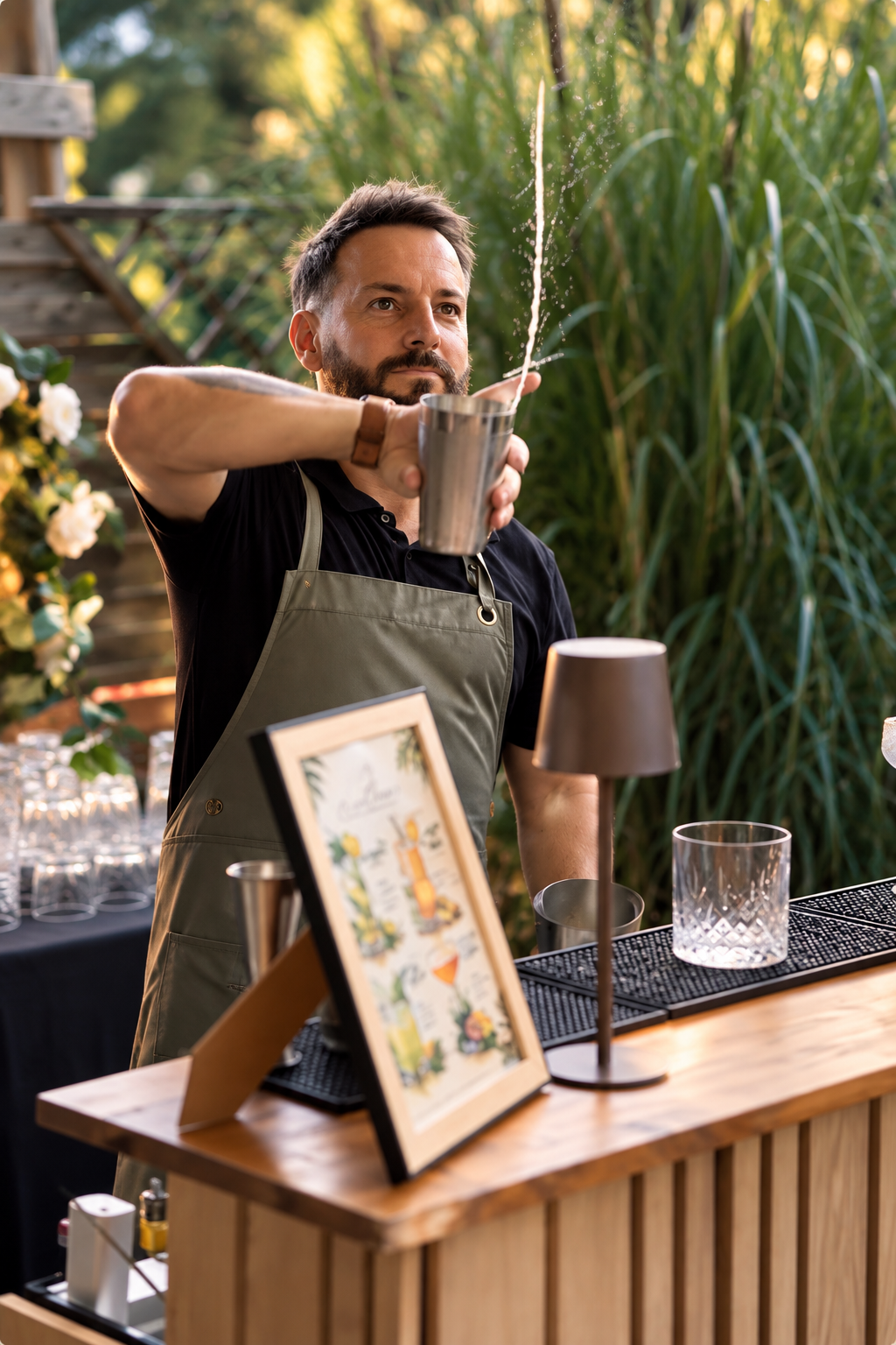 Jordan — bartender Ô Fil des Verres en action derrière son bar mobile