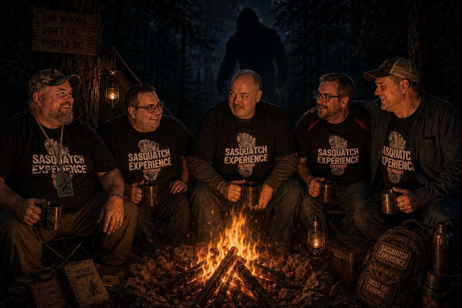 The Sasquatch Experience crew around a campfire with a Bigfoot silhouette in the treeline
