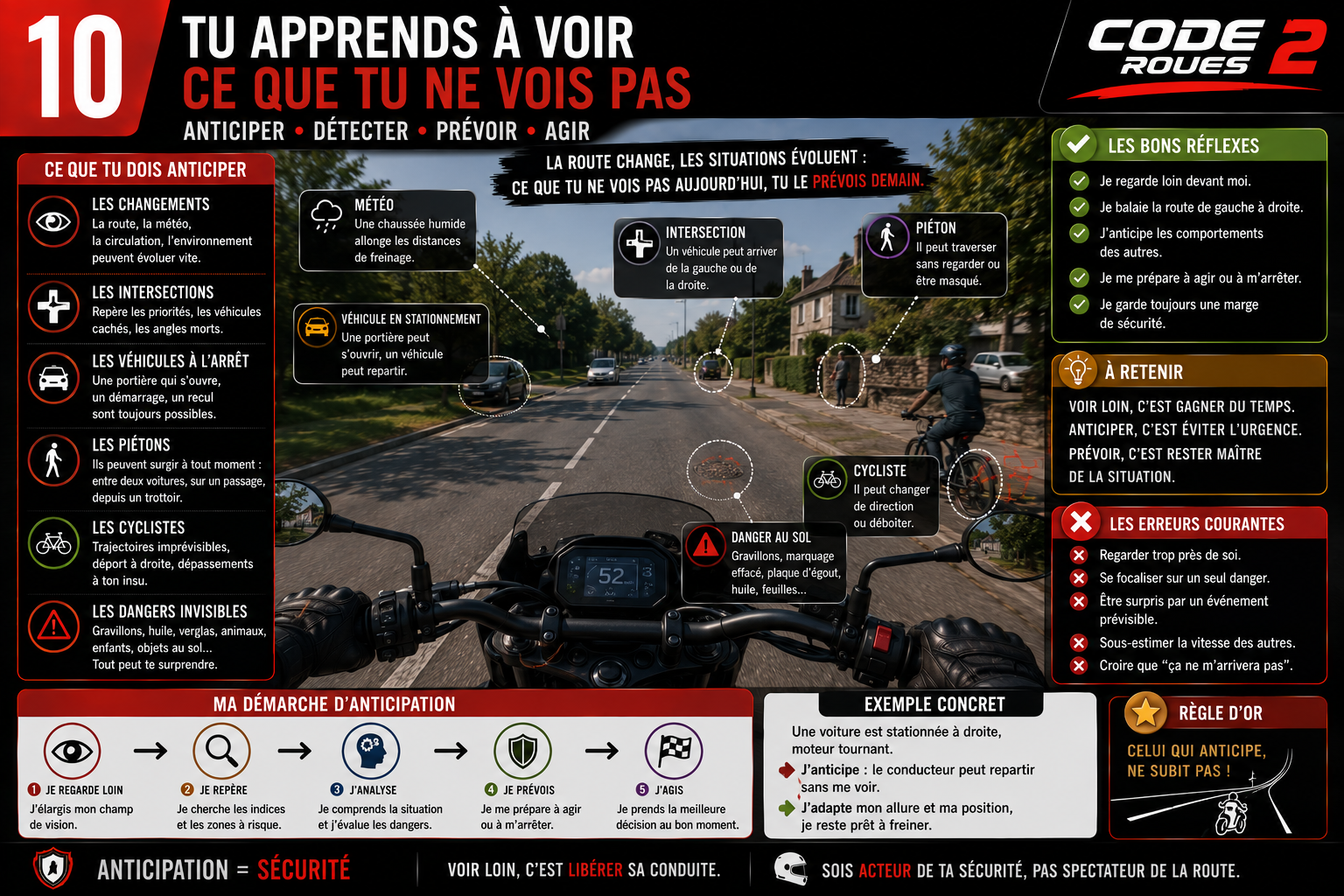 Infographie Code 2 Roues — Tu apprends à voir ce que tu ne vois pas : anticiper, détecter, prévoir, agir — véhicules stationnés, piétons masqués, dangers au sol, intersections aveugles