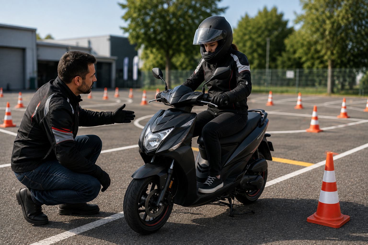 Formateur accroupi qui échange avec une jeune élève installée sur son cyclomoteur, geste pédagogique ouvert