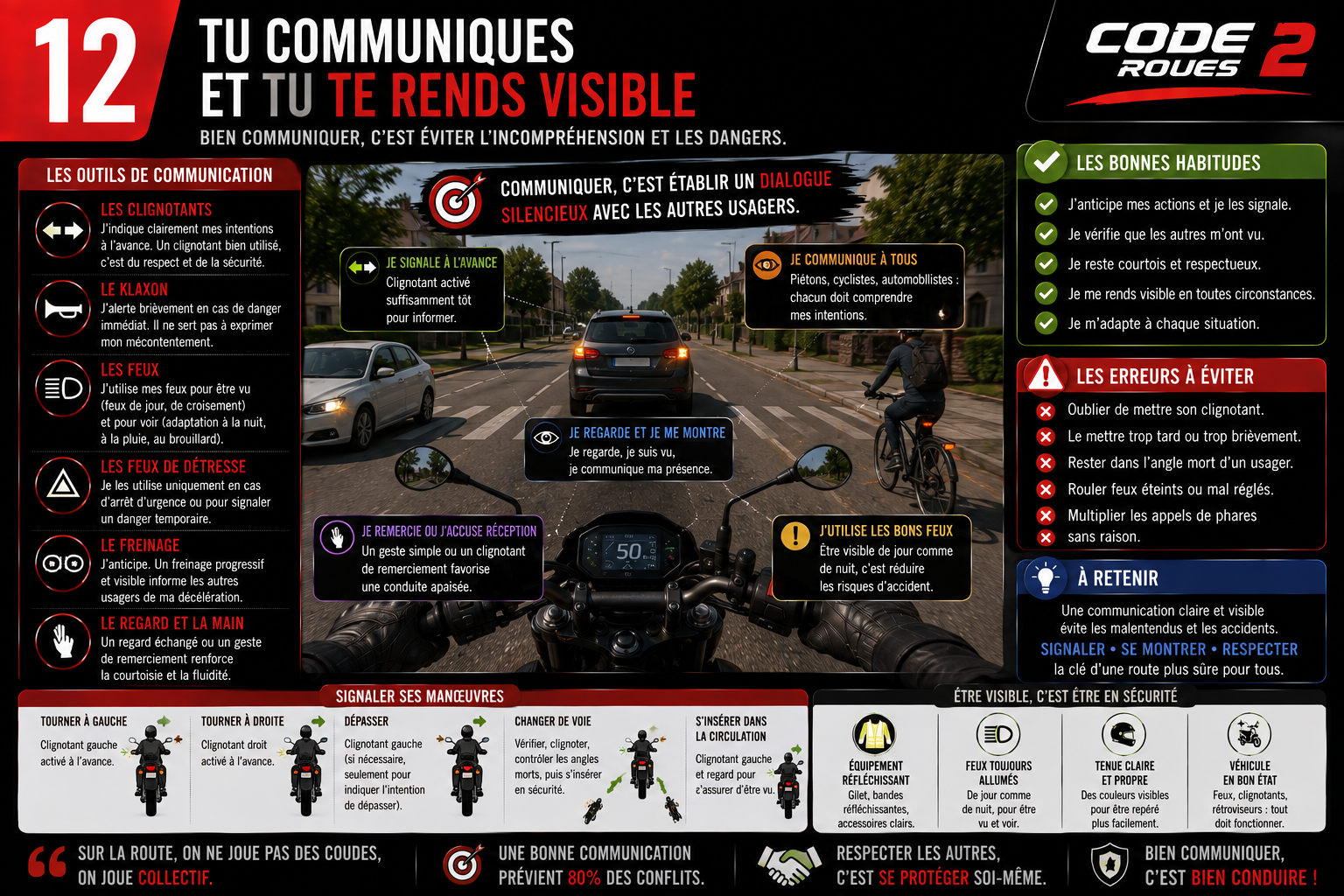 Infographie Code 2 Roues — Tu communiques et tu te rends visible : clignotants, klaxon, feux, regard, gestes — signaler, se montrer, respecter