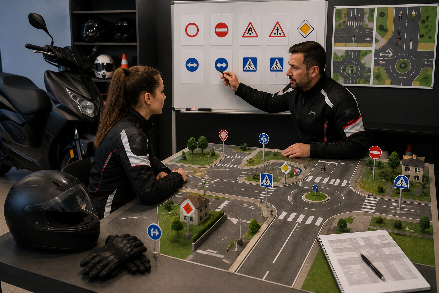 Élève en salle pédagogique face au formateur : panneaux au tableau, maquette d'intersections en 3D, casque et gants sur la table