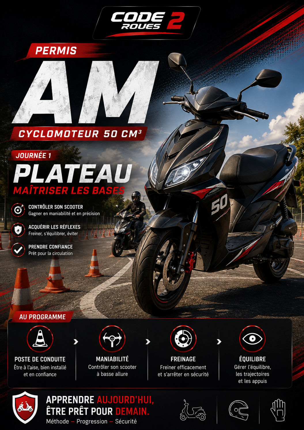 Poster Journée 1 · Plateau — Maîtriser les bases (Code 2 Roues)
