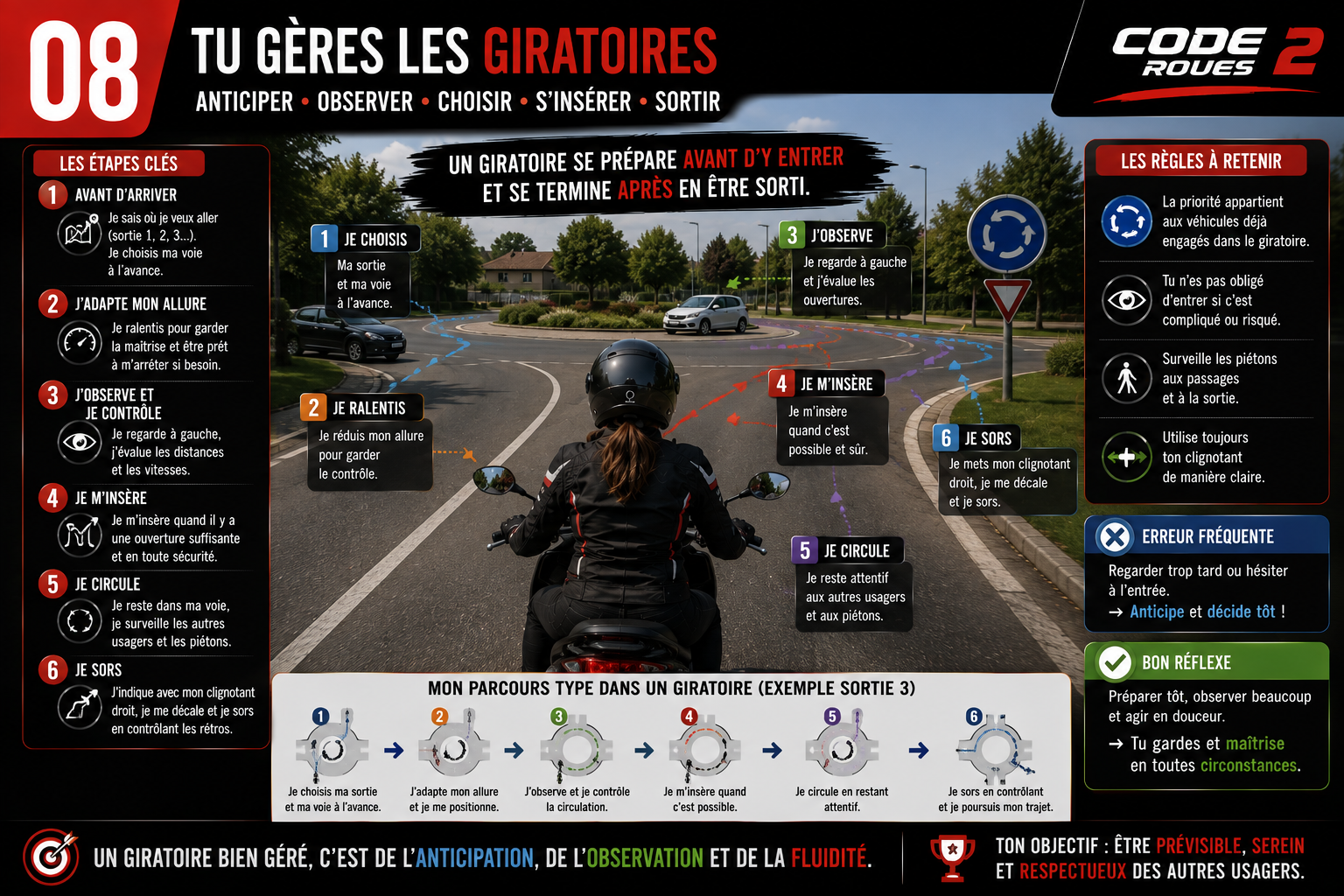 Infographie Code 2 Roues — Tu gères les giratoires : avant l'entrée, dans le giratoire, à la sortie — allure, positionnement, communication, priorités