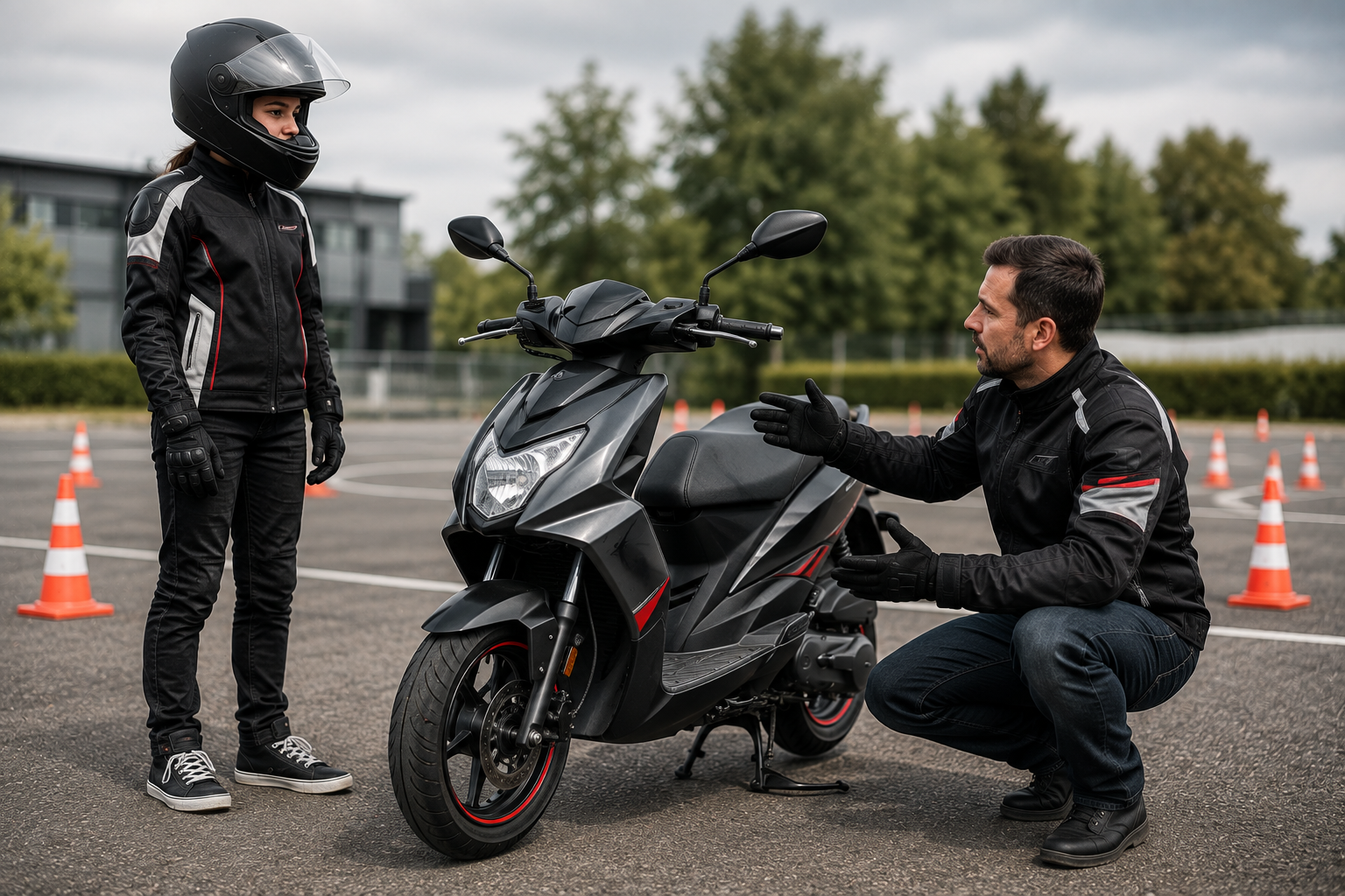 Formateur accroupi présentant le cyclomoteur à l'élève debout à côté du scooter, tour du véhicule
