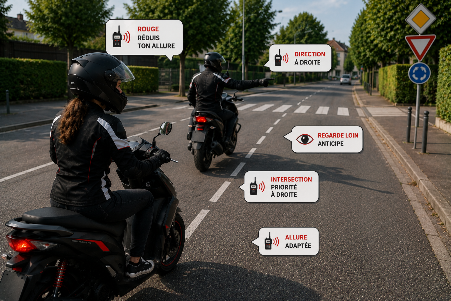 Élève à cyclomoteur en ville avec bulles radio superposées : ROUGE réduis ton allure, DIRECTION à droite, INTERSECTION priorité à droite, REGARDE LOIN anticipe, ALLURE adaptée