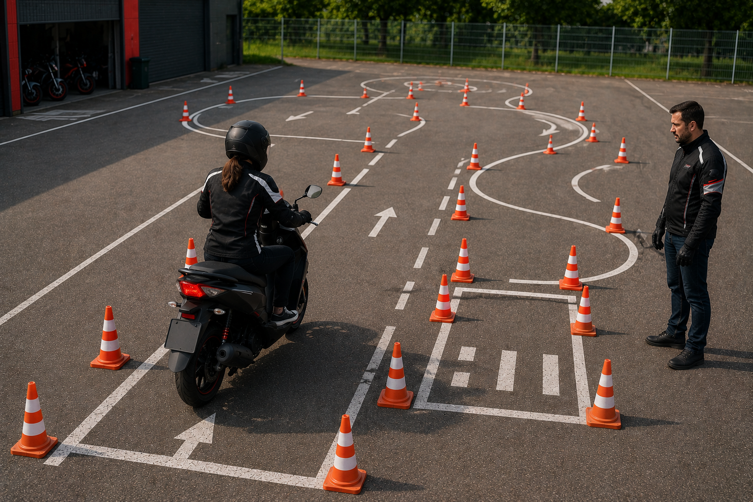 Vue d'ensemble du parcours vu depuis derrière l'élève : flèches au sol, cercles, cônes et cases délimitant les exercices à enchaîner