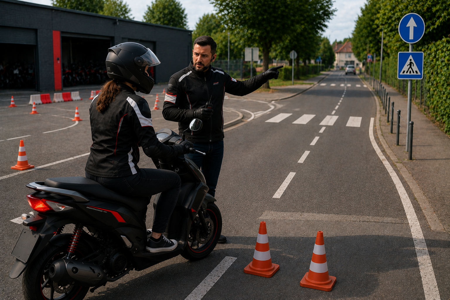 Élève sur cyclomoteur en bordure de plateau, formateur debout à côté qui pointe l'itinéraire vers la rue — transition plateau vers circulation