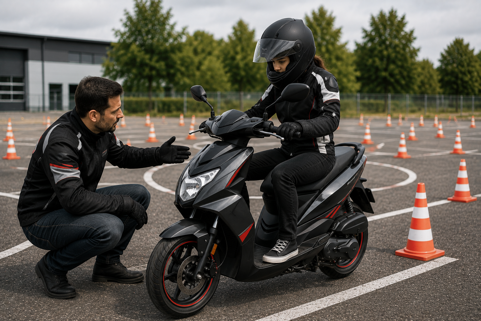 Élève assise sur le cyclomoteur, position de conduite, formateur accroupi qui pointe l'avant du véhicule pour caler la posture