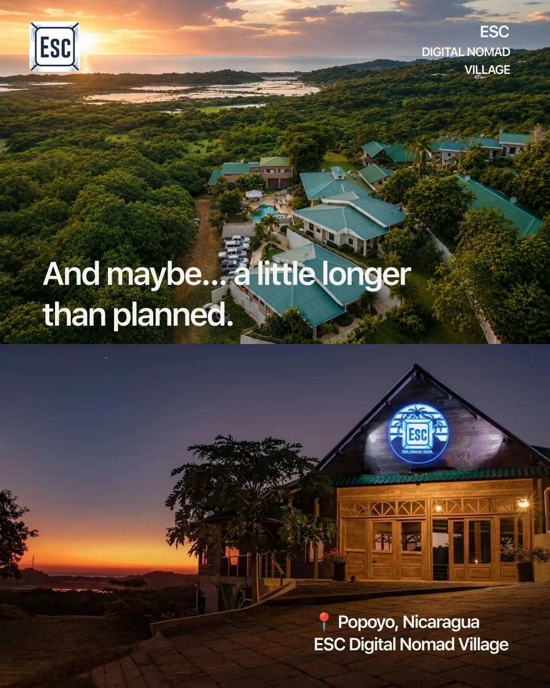 ESC Digital Nomad Village in Popoyo, Nicaragua — aerial view of the coastal resort and neon-lit entrance