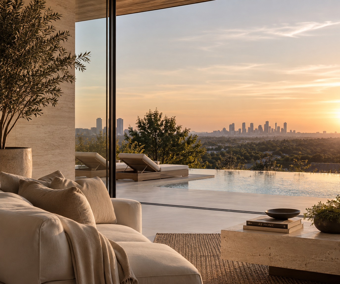 Living room overlooking the city skyline at sunset