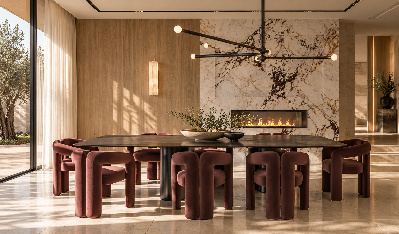 Luxury dining room with marble fireplace