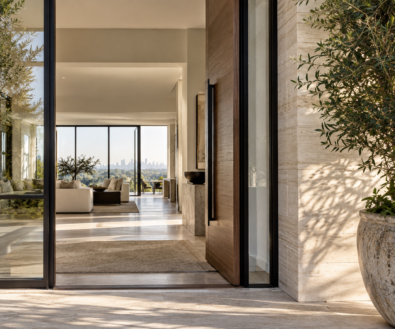 Glass entry with city skyline view