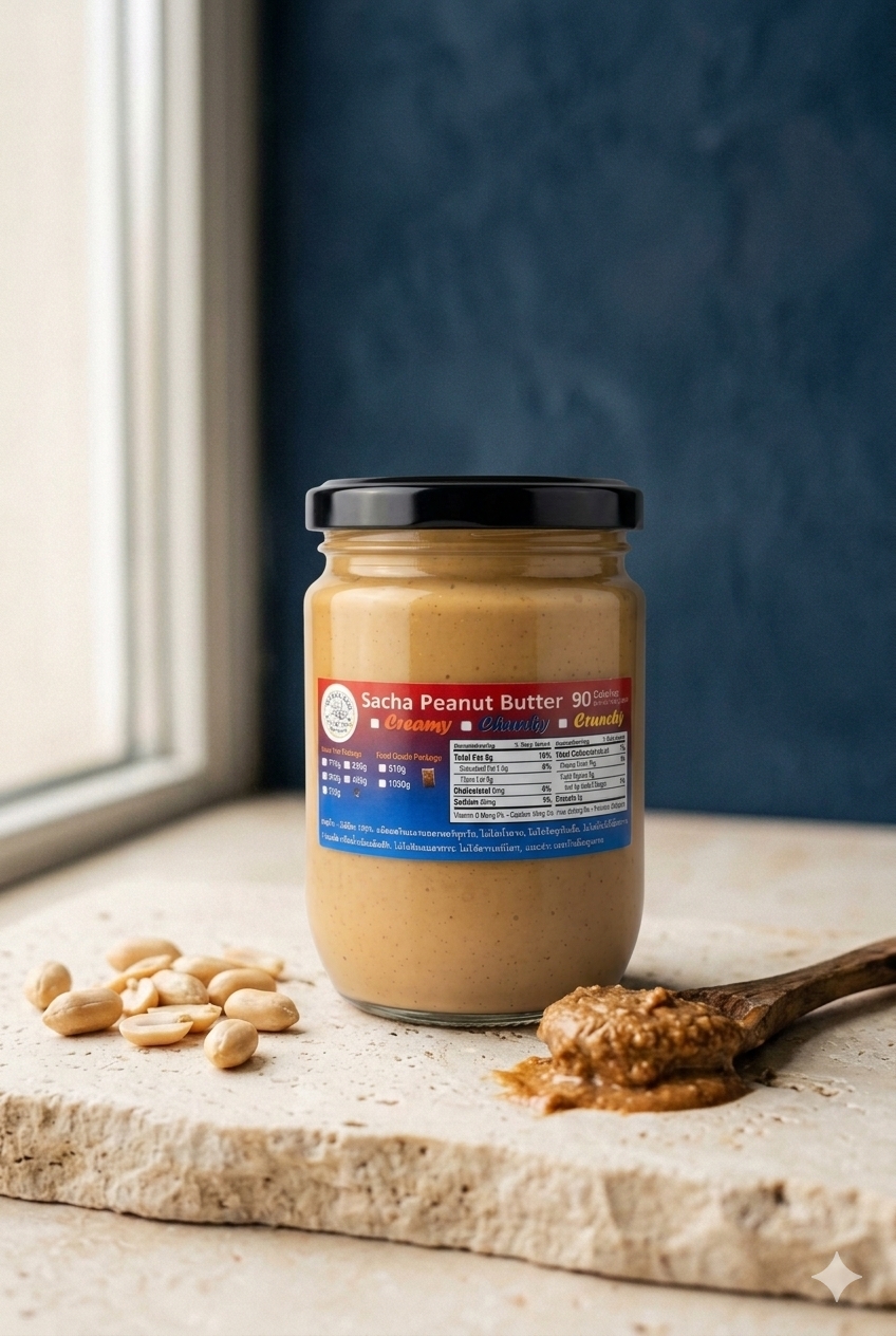 Sacha natural peanut butter jar with raw peanuts and a wooden spoon