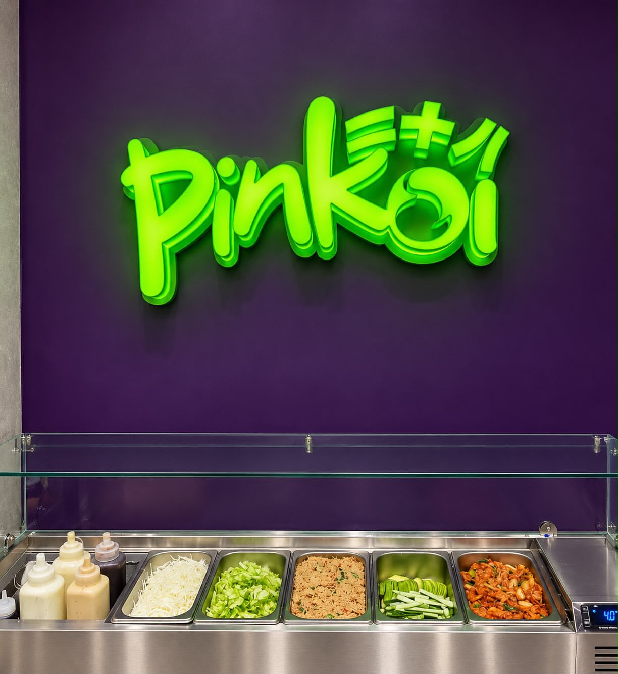 Green neon Pinkoi sign glowing above the stainless prep counter